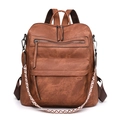 Brown PU leather backpack for women with geometric strap and front flap pocket design - Brown