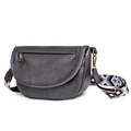 Detailed view of semi-circle faux leather bag with vintage metal zip and jacquard strap - Gray
