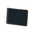 Close-up of vintage black leather driver license holder with orange stitching details - Plain Style / Blue