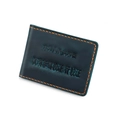 Close-up of blue crazy horse leather driver license cover with orange hand-stitching - Text Embossed Style / Blue