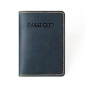 Porta passaporto vintage in pelle blu scuro con scritte in rilievo e cuciture arancioni - Blu
