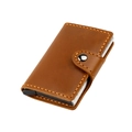 Brown leather pop-up card holder with aluminum case and vintage stitching details - Brown