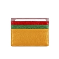 Close-up of multicolor genuine leather card holder with lychee grain texture and stitching - Yellow