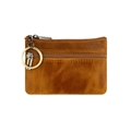 Macro view of caramel brown vintage leather wallet with dual zipper compartments and ring - Brown