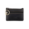 Detail of black leather coin purse with double zippers, orange stitching and key ring - Black