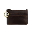 Close-up of a brown leather coin purse featuring dual zippers and a metal keyring hook - Coffee