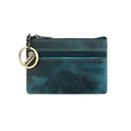 Macro detail of retro blue leather coin purse with double zippers and contrast stitching - Blue
