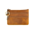 Vintage brown crazy horse leather coin purse with three zipper pockets and key ring hook - Brown