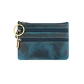 Detailansicht der Vintage-Leder-Geldbörse mit drei Reißverschlüssen und Messingschlüsselring - Blau