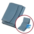 Blue lychee grain leather tri-fold wallet with RFID protection and silver snap button - Gray Blue (3001#)
