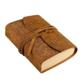 Detail view of vintage embossed floral leather cover and tie closure for notebook - Auspicious Flower Embossed Style (096吉祥花)