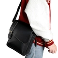 Black crazy horse leather messenger bag with white stitching and adjustable strap - Black