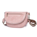 Detail of pink vintage saddle bag featuring a colorful ethnic style woven shoulder strap - Pink