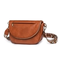 Close-up of caramel faux leather saddle bag with colorful geometric woven wide shoulder strap - Brown