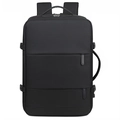 Detail of multi-compartment travel backpack with side compression straps and waterproof fabric - Black