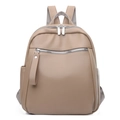Close-up of khaki PU leather backpack with lychee grain and silver hardware details - Khaki