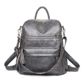 Deep grey leather backpack with leopard strap and tassel accents on white background - Gray