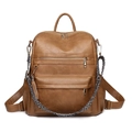Close-up of vintage brown PU leather backpack with leopard print strap and gold zippers - Brown