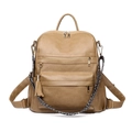 Retro khaki soft leather backpack for women with tassel and leopard strap detail - Khaki