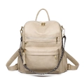 Beige soft PU leather backpack with gold zippers and floral shoulder strap - Off White