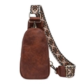 Retro brown faux leather chest bag with patterned bohemian wide shoulder strap - Dark Brown