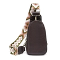 Detail of vintage brown PU leather waist bag with colorful geometric woven strap - Coffee