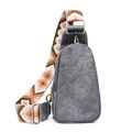 Detailed view of grey PU leather chest bag featuring colorful geometric jacquard wide strap - Gray