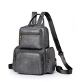 Vintage grey PU leather backpack for women with multi-pocket design and retro hardware - Gray
