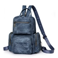 Blue retro PU leather backpack with multiple pockets and vintage metal hardware details - Blue