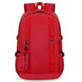 Detailed view of red hiking backpack featuring durable fabric and side buckle adjustments - Red