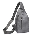 Sac de poitrine vintage gris foncé en cuir PU avec poches zippées et sangle large - Gris