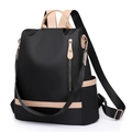 Minimalist black nylon backpack for women with beige contrast straps and gold zipper detail - Black