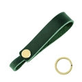 Detailed view of dark green crazy horse leather keychain with gold-plated rivet and ring - Green