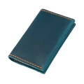Detail of teal crazy horse leather card holder with hand-stitched orange contrast thread - Blue