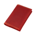 Detail view of red crazy horse leather card holder with thick contrast stitching - Red