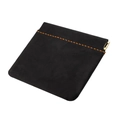 Detail of crazy horse leather coin purse with auto-close metal spring and orange stitching - Black