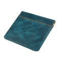 Close-up of crazy horse leather texture and orange hand-stitching on blue coin purse - Blue