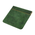 Macro detail of dark green crazy horse leather coin purse with orange stitching - Green
