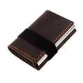 Detail of crazy horse leather wallet with orange stitching and pop-up aluminum card holder - Coffee