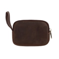 Detailed shot of vintage crazy horse leather pouch with metal zipper and wrist strap - Coffee