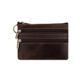 Dark brown crazy horse leather coin purse with triple zipper pockets and key ring - Coffee