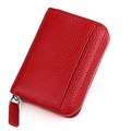 Red genuine leather RFID blocking card wallet with zipper and pebbled texture - Red (KB29)