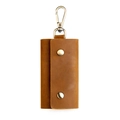 Vintage brown crazy horse leather key case with metal snaps and carabiner clip - Brown