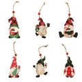 Set di 6 decorazioni natalizie in legno a forma di gnomo con motivi a quadri e cordini - Set Di Sei Ciondoli In Legno Forester R-c60