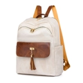 Sac à dos femme en cuir PU crème avec détails à franges vintage et rabat marron - Blanc Cassé