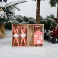 Pink wooden Christmas ski and sled ornaments set in a natural wood organizer box - Pink Sled Set Style / Pink