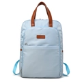 Zaino minimalista in nylon azzurro con manico in pelle marrone e tasca con cerniera - Blu