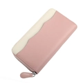 Macro view of pink and beige pebbled leather long wallet with zipper and wavy pocket - Pink (KB168)