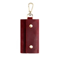 Vintage crazy horse leather key case in deep burgundy with brass snap buttons and swivel hook - Red