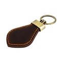 Close-up of vintage brown leather car keychain with orange stitching and bronze ring - Coffee (YSK005)